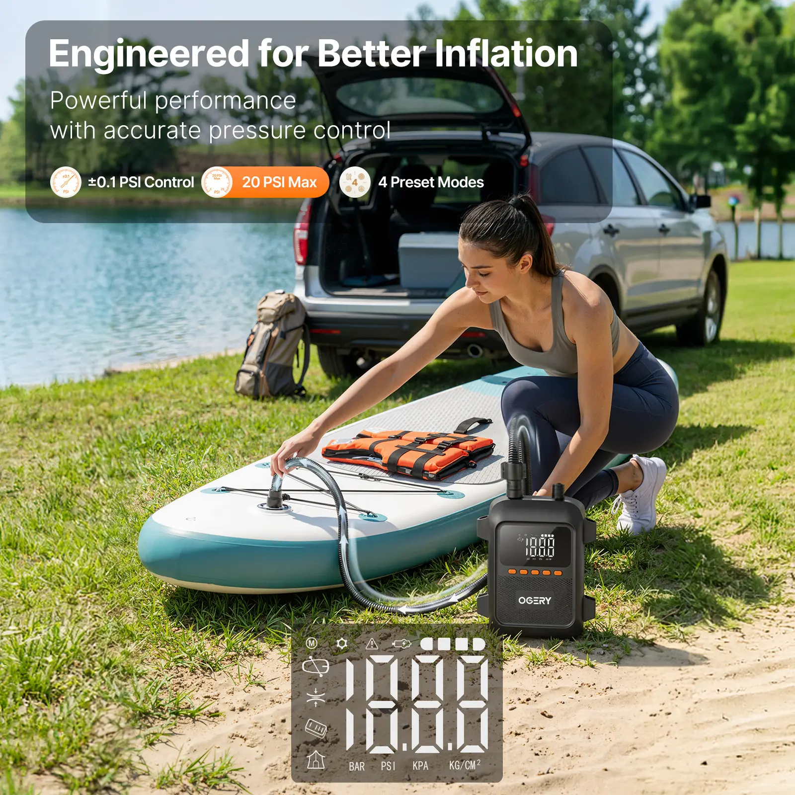 OGERY Paddle Board Electric Pump with Safe & 30% Faster Dual Stage Inflation & Deflation, Up to 20PSI, Smart Auto-Off and Powerful Rechargeable Compact Air Pump for SUP, Inflatable Beds, Tents, Boats summerwins