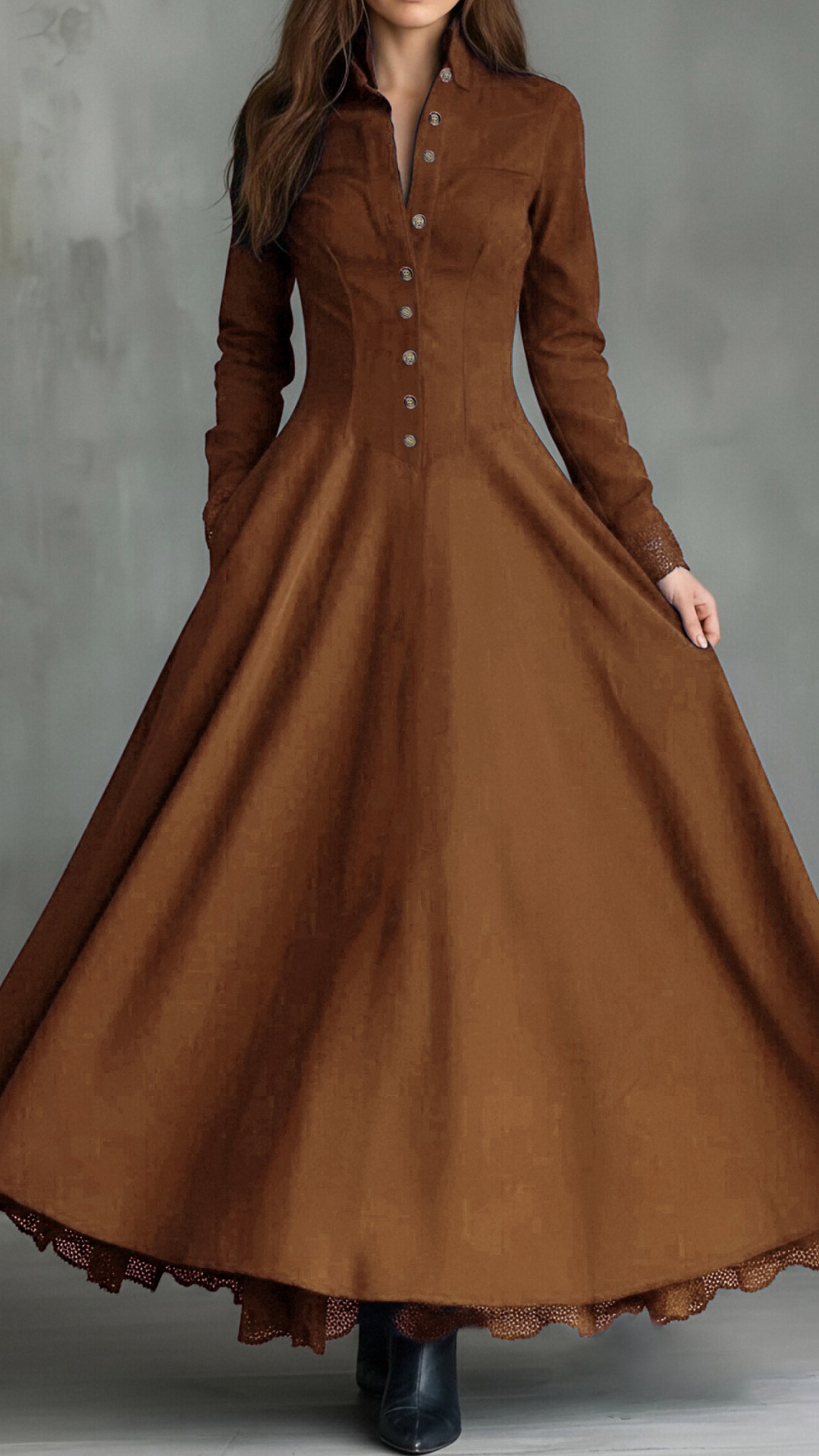 Women's Cotton-blend  Stand Collar Single-breasted Long Sleeve Flared Maxi Dress - Nordfashionstorm - Women's Clothing, Fashion for You - Nordfashionstorm.com