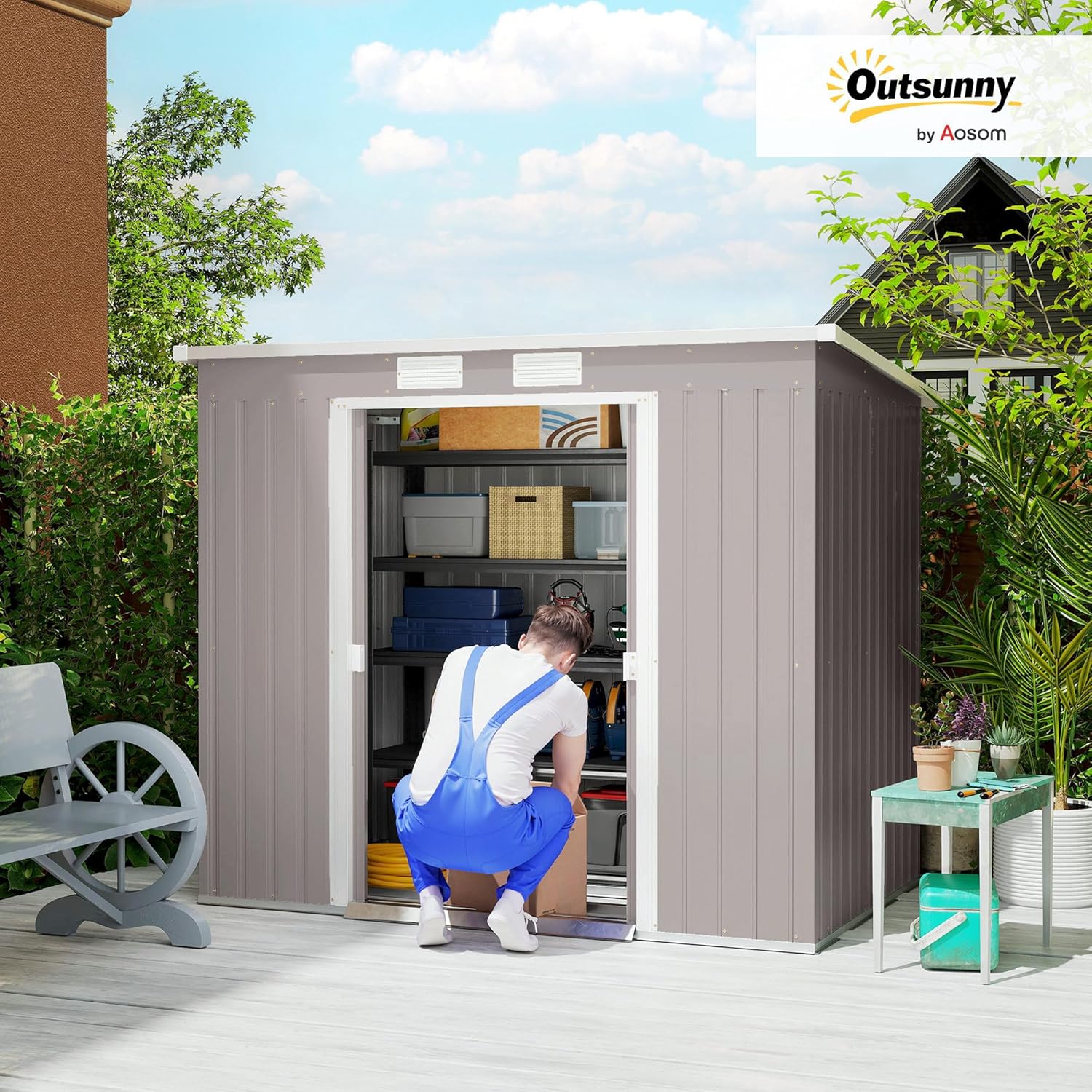 Outsunny Casetta da Giardino 2.42m² in Acciaio Zincato con Kit Fondazione, Prese d'Aria, Capanno Porta Attrezzi con Doppia Porta Scorrevole Bloccabile, Tetto Inclinato, 213x130x172 cm, Grigio