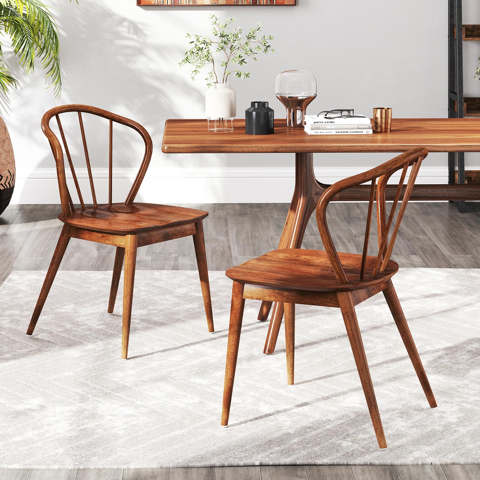 BEFOUNDLOVELY Wooden Dining Chairs Set of 2/4, Windsor Kitchen Chairs w/High Spindle Back & Rubber Wood Legs, Wide Seat & Curved Backrest