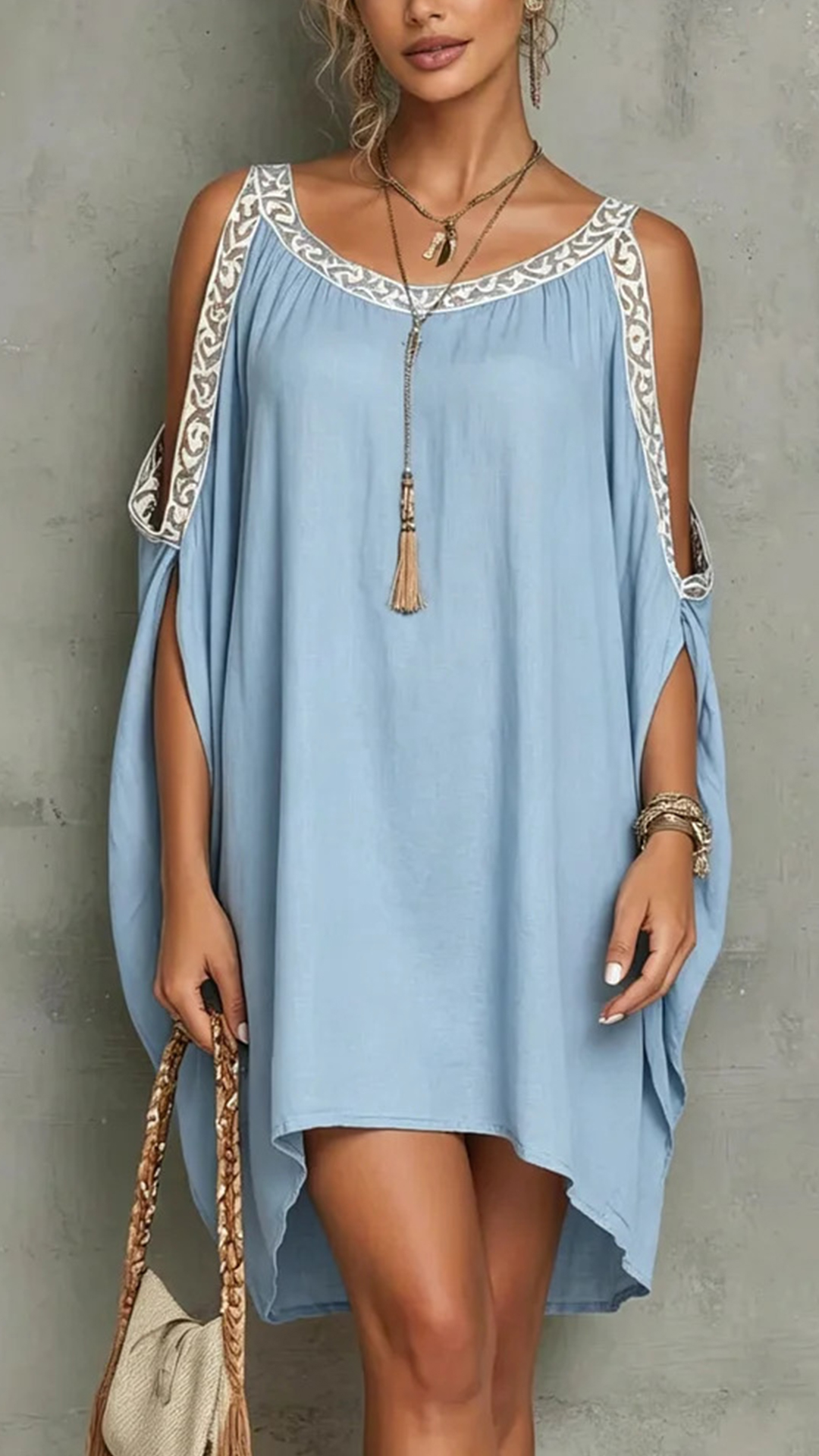 Women's Cotton-Blend Light Blue Off-Shoulder Embroidered print Loose Dress - Nordfashionstorm - Women's Clothing, Fashion for You - Nordfashionstorm.com