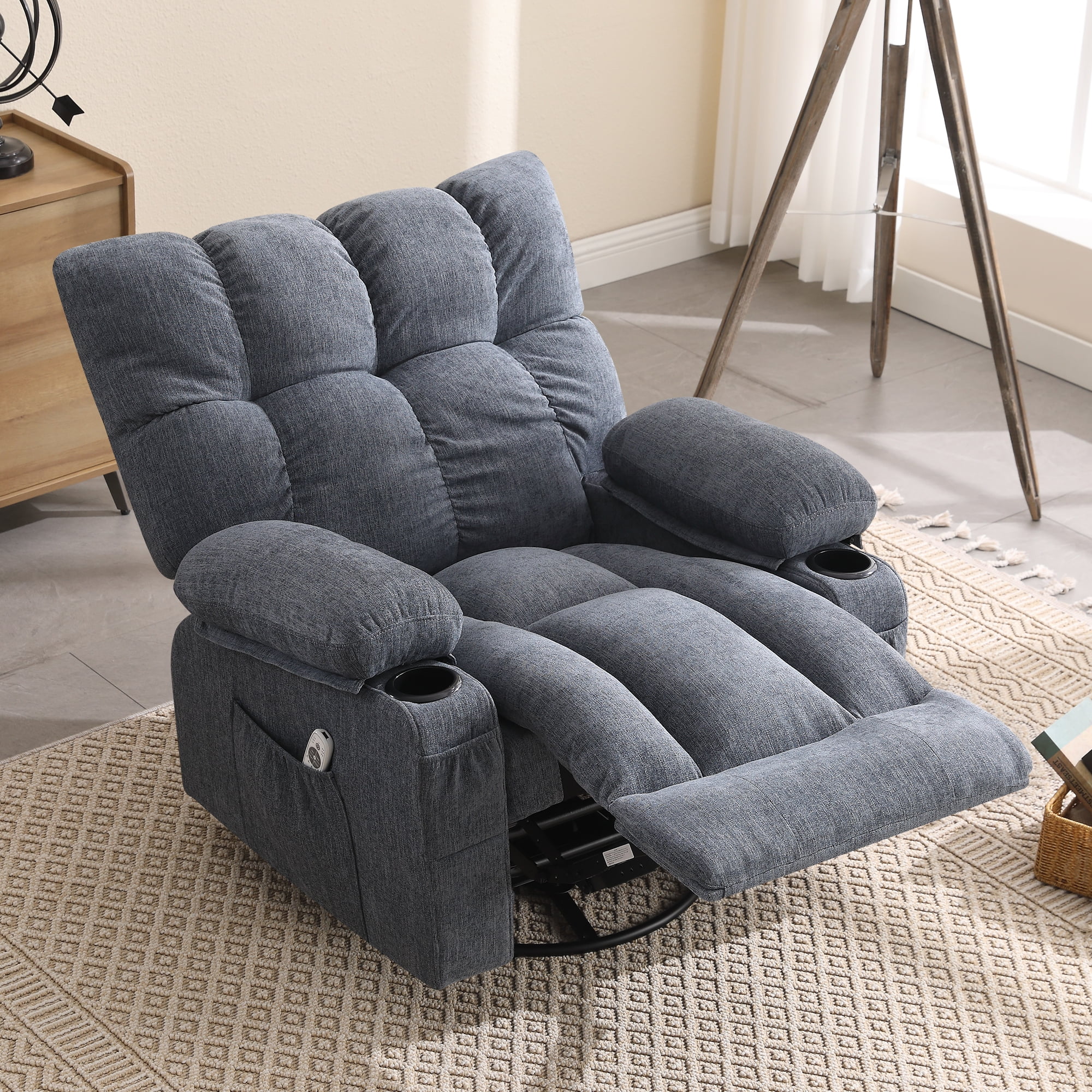 JONPONY Manual Recliner Chair with Heat Therapy and Massage Function, Heavy Duty Reclining Mechanism Massage Chair, Elderly Single Rocker Sofa with Cup Holders for Bedroom Home Theater, Grey