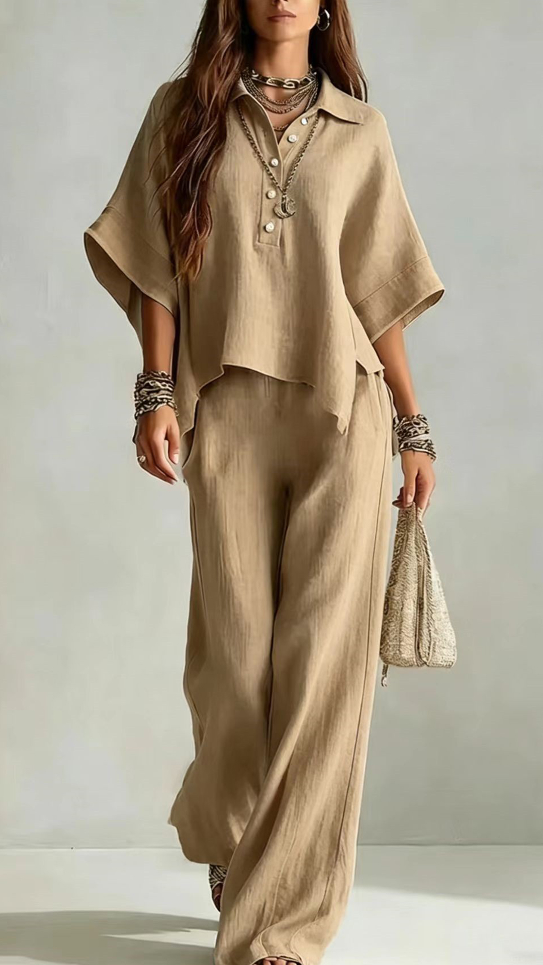 Women's Cotton-Blend Henley Neck Wide-Leg Pants Set - Nordfashionstorm - Women's Clothing, Fashion for You - Nordfashionstorm.com