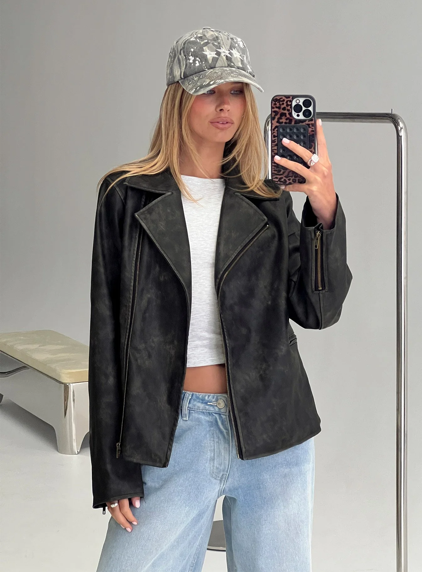 Vyolette Faux Leather Collared Jacket Washed Black