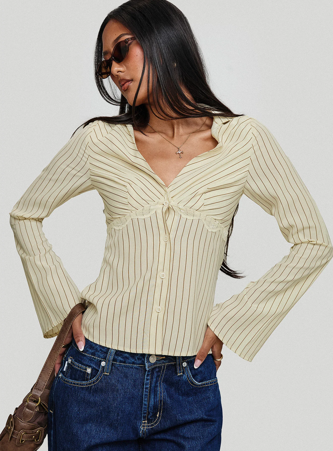 Life Begins Long Sleeve Lace Trim Top Cream Stripe