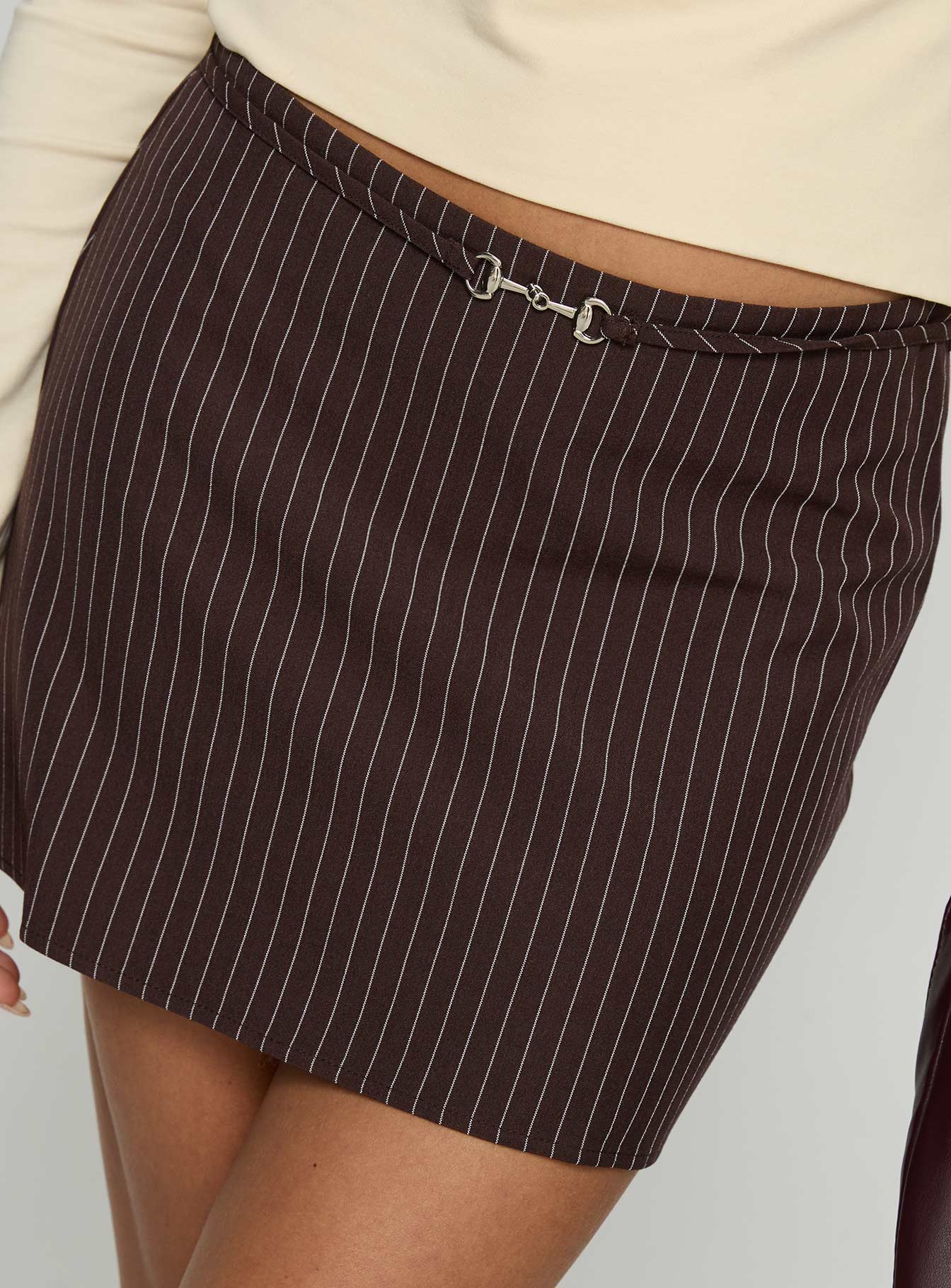 Yellena Buckle Mini Skirt Brown Pinstripe