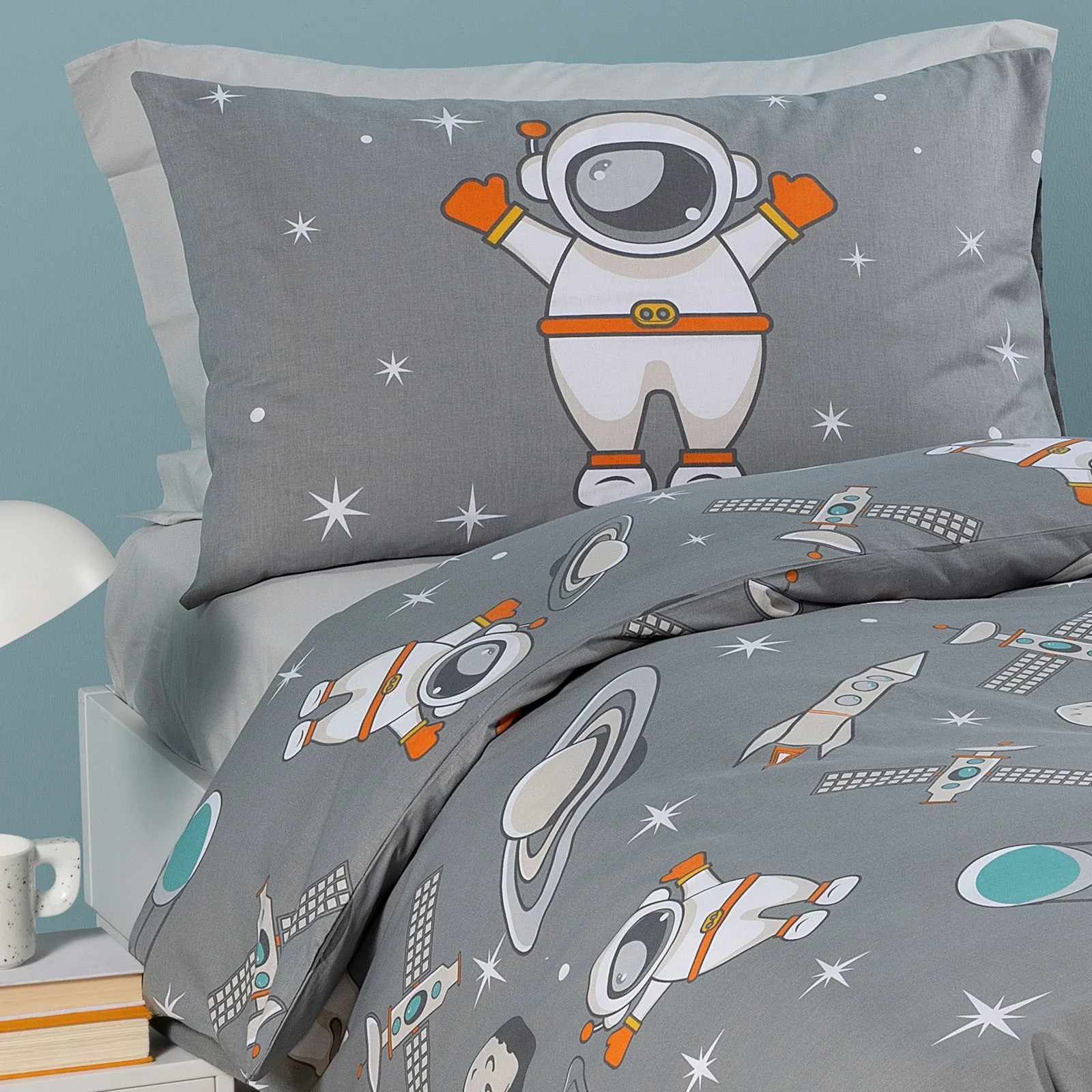 Copripiumino Con Federe In Cotone Spazio Singolo Grigio Caleffi Kids