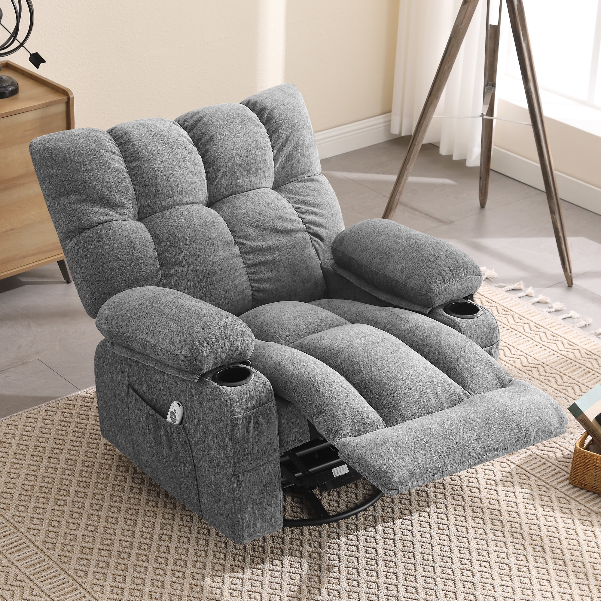 JONPONY Manual Recliner Chair with Heat Therapy and Massage Function, Heavy Duty Reclining Mechanism Massage Chair, Elderly Single Rocker Sofa with Cup Holders for Bedroom Home Theater, Grey