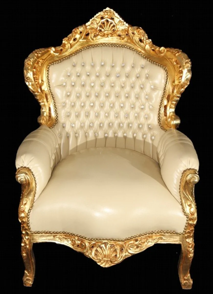 Baroque armchair King cream leather look / gold with bling bling glitter stones