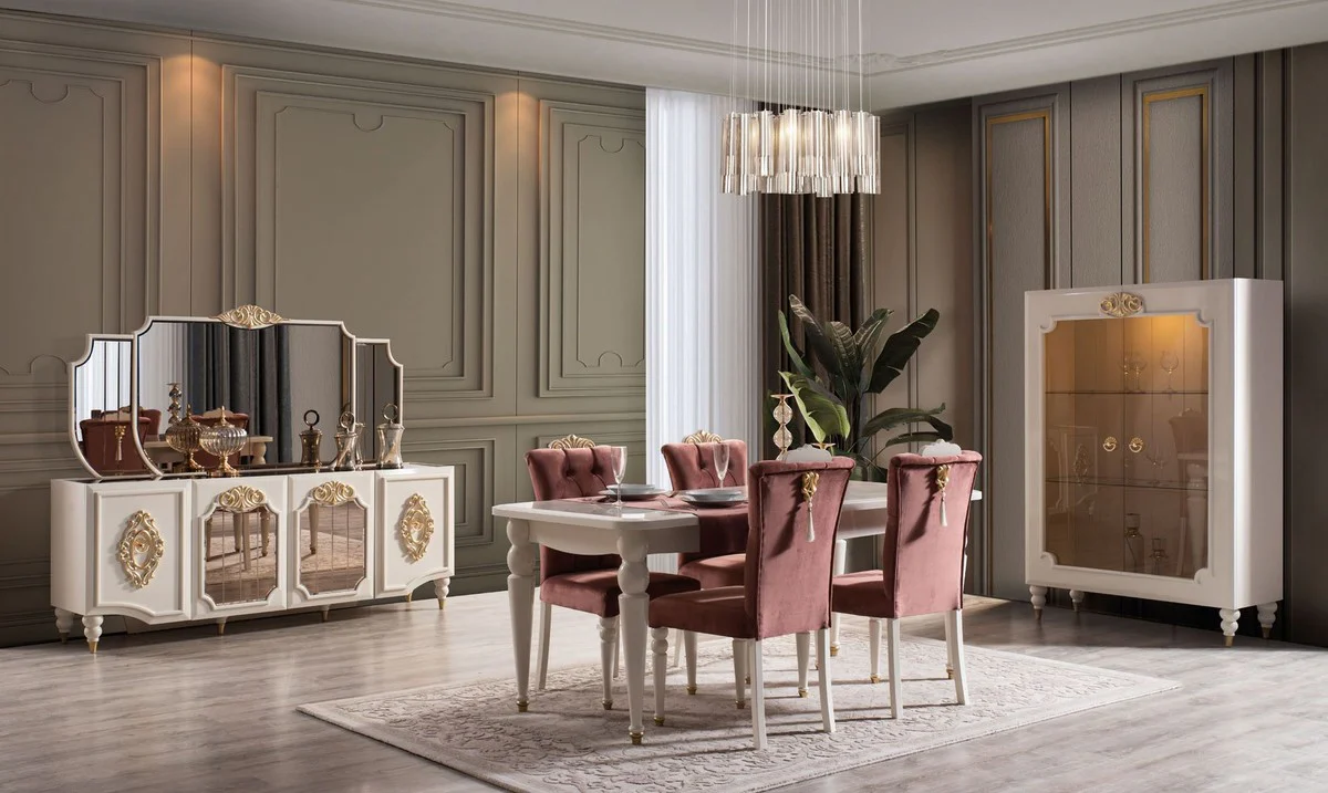 Luxury baroque display cabinet white / gold 116 x 45 x H. 170 cm - Illuminated solid wood display cabinet with 2 glass doors - Elegant baroque furniture