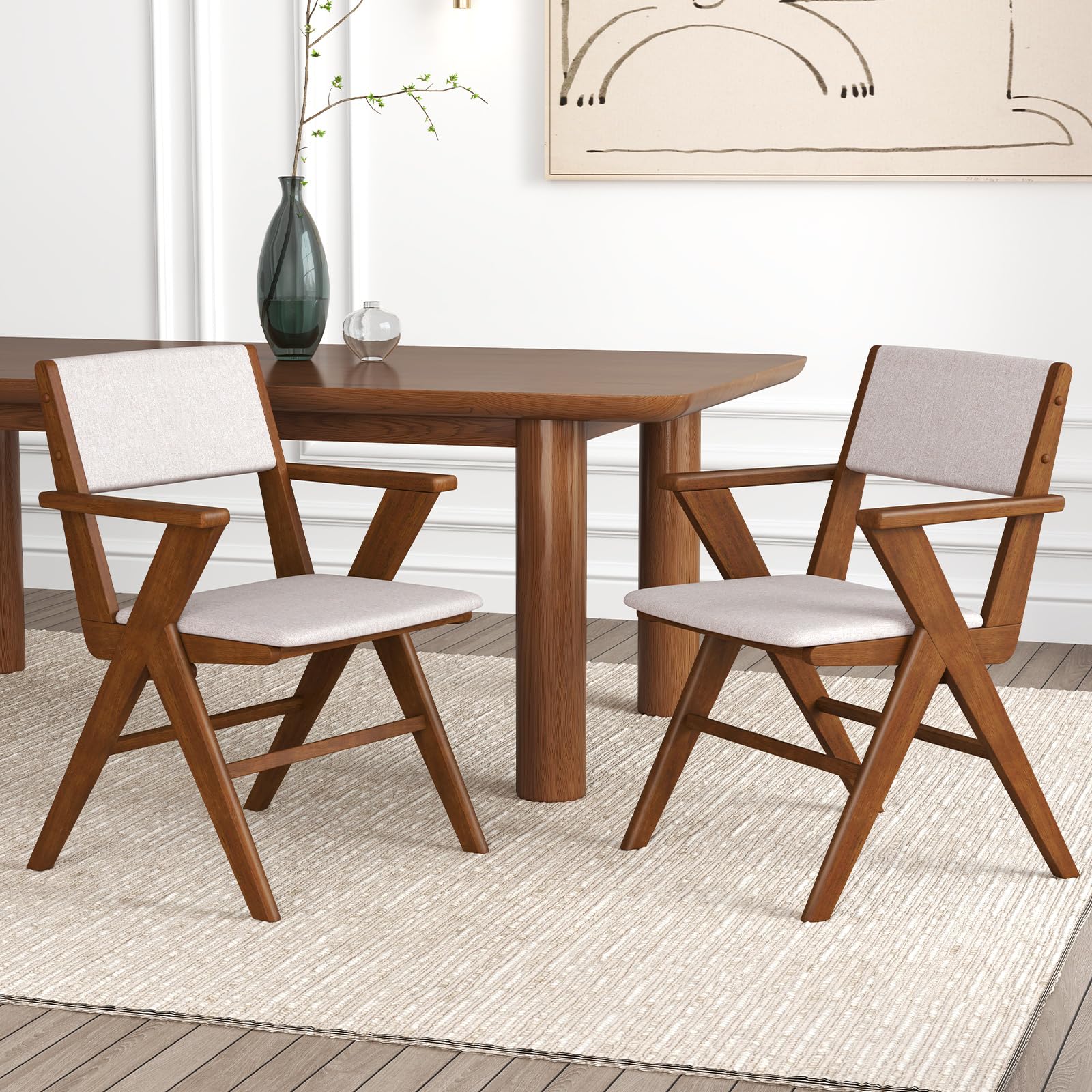 BEFOUNDLOVELY Wooden Dining Chairs Set of 2/4 w/Armrests, Rubber Wood Frame, Padded Seat & Back