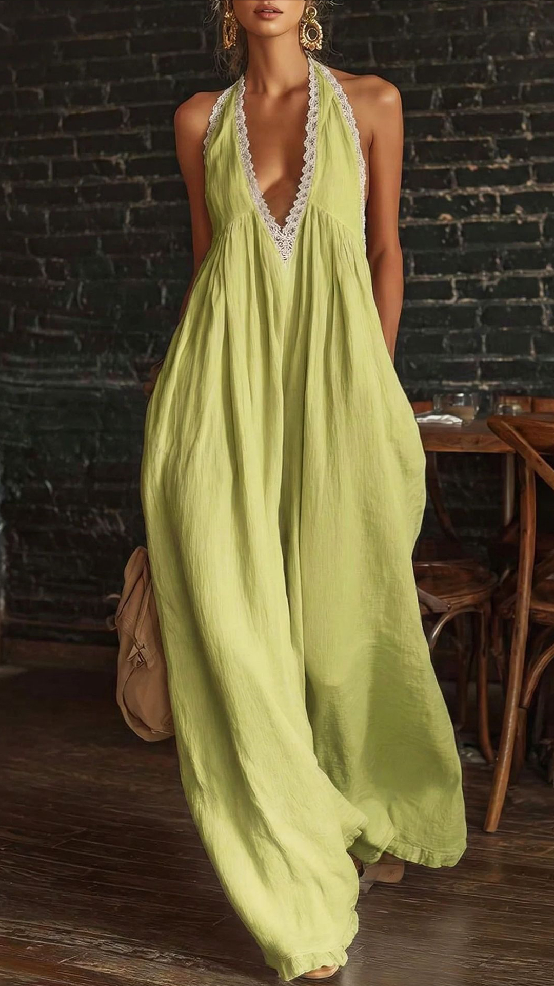 Women's Linen-Cotton Lace Halter Wide-Leg Jumpsuit - Nordfashionstorm - Women's Clothing, Fashion for You - Nordfashionstorm.com