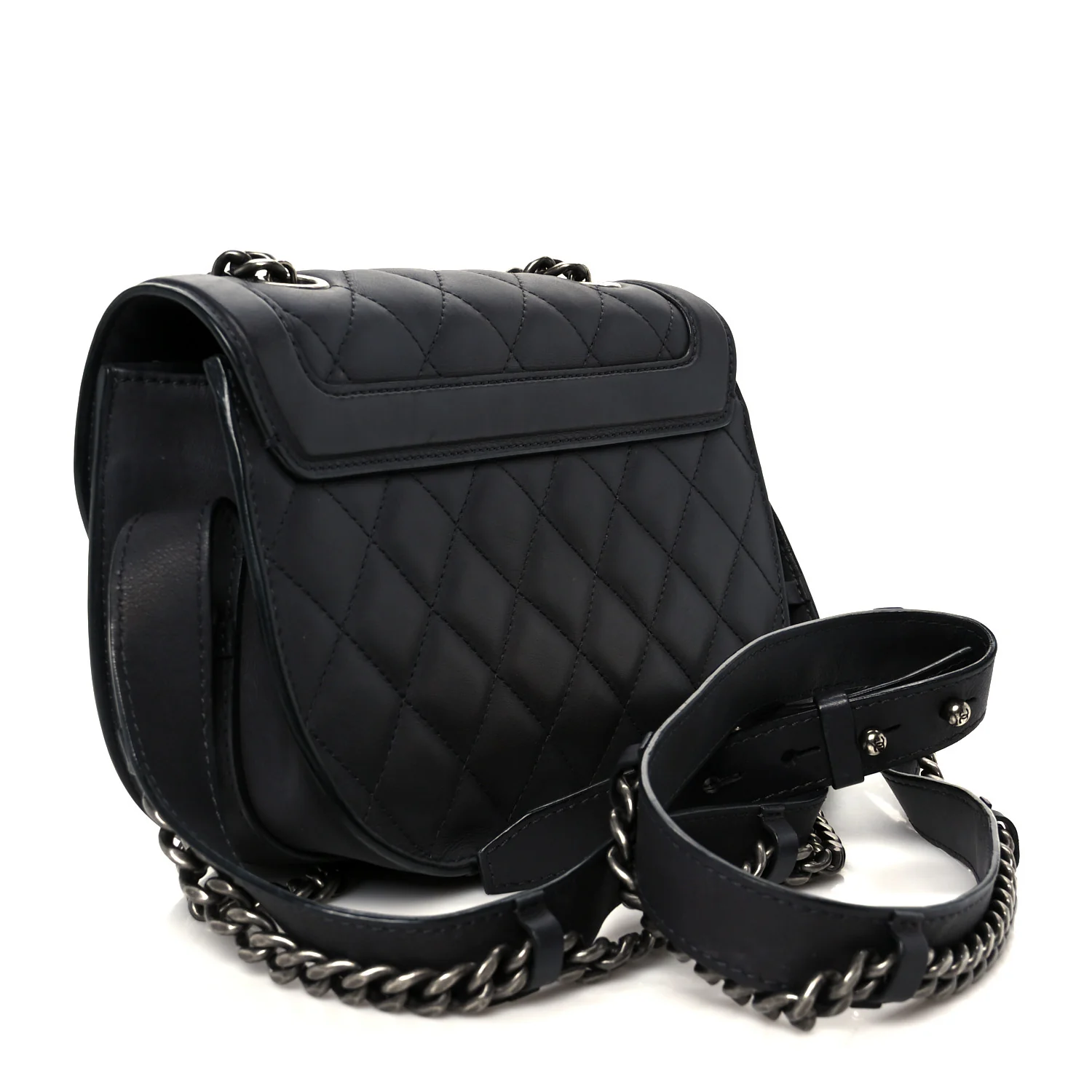 Shiny Goatskin Quilted Small Double Chained Messenger Flap Black - Top Club