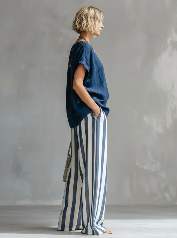 Cozy Loose-fit Striped Cotton-linen Two-piece Set - Nordfashionstorm - Women's Clothing, Fashion for You - Nordfashionstorm.com