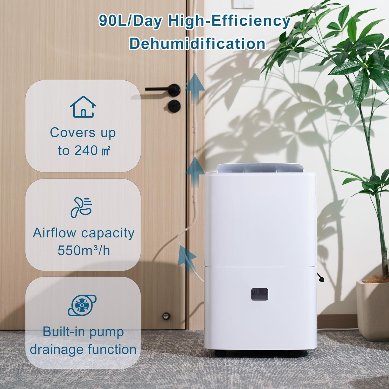 Deumidificatore Casa Muffa Silenzioso: Portatile 90L/G 240㎡ Pompa Acqua 5M Asciugabiancheria per Ambiente Bagno Cantina Camera Letto Bambini Ambienti Umidi