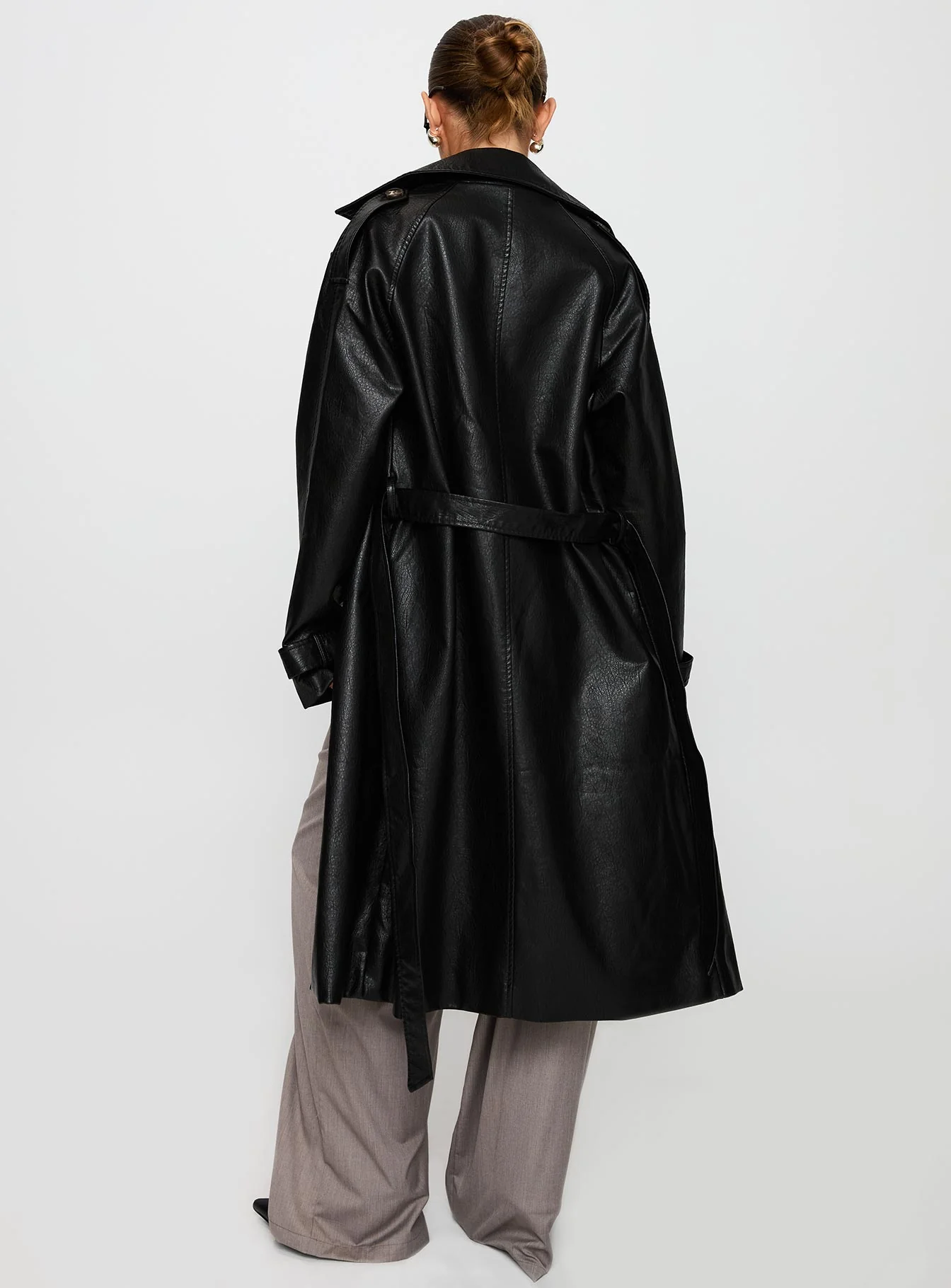 Think Later Faux Leather Trench Coat Black