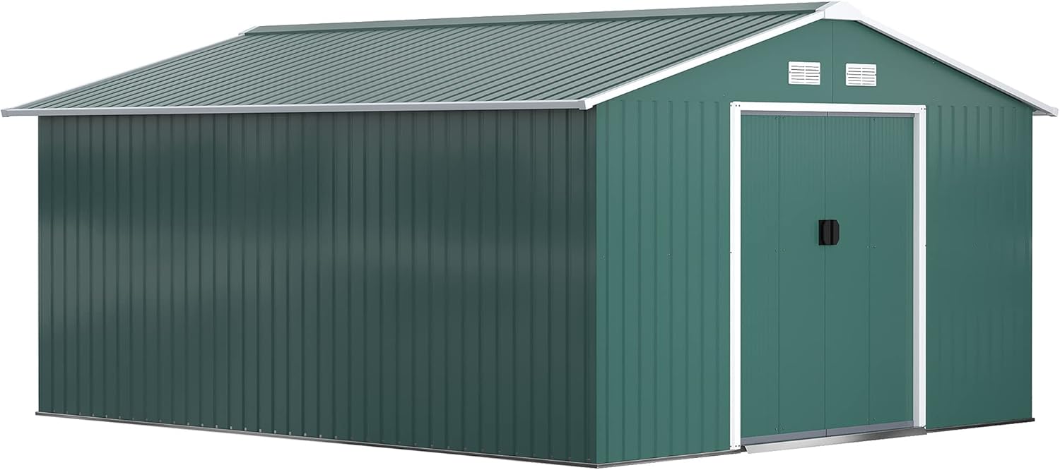 Outsunny Casetta da Giardino 12.4m² con Fondazione, 4 Prese d'Aria e 2 Porte Scorrevoli, Capanno Porta Attrezzi in Lamiera d'Acciaio, 340x386x200 cm, Verde Scuro