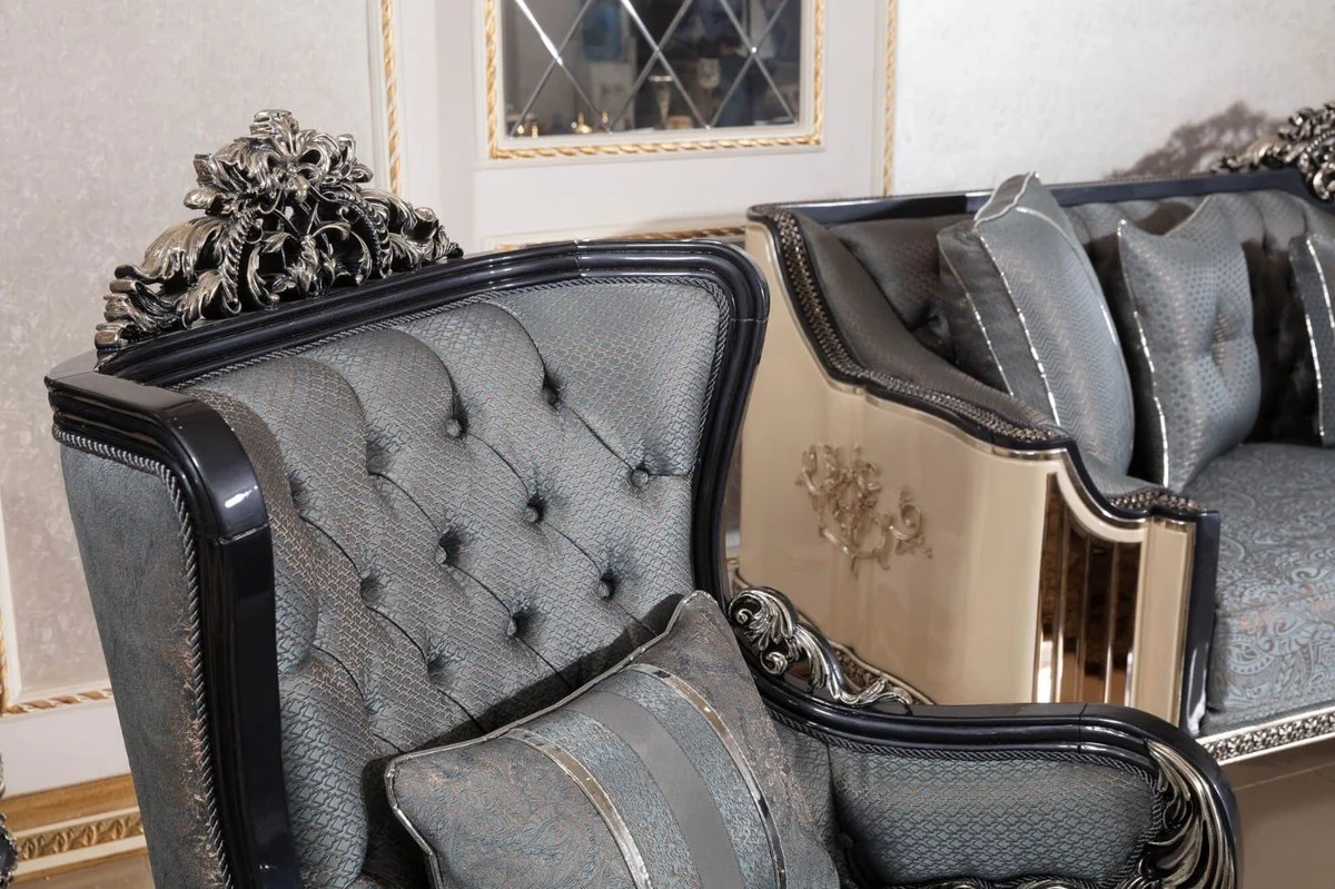 Luxury Baroque Living Room Set Light Blue / Beige / Black / Gold - 2 Sofas & 2 Armchairs & 1 Coffee Table & 2 Side Tables - Handmade Living Room Furniture in Baroque Style - Noble & Magnificent