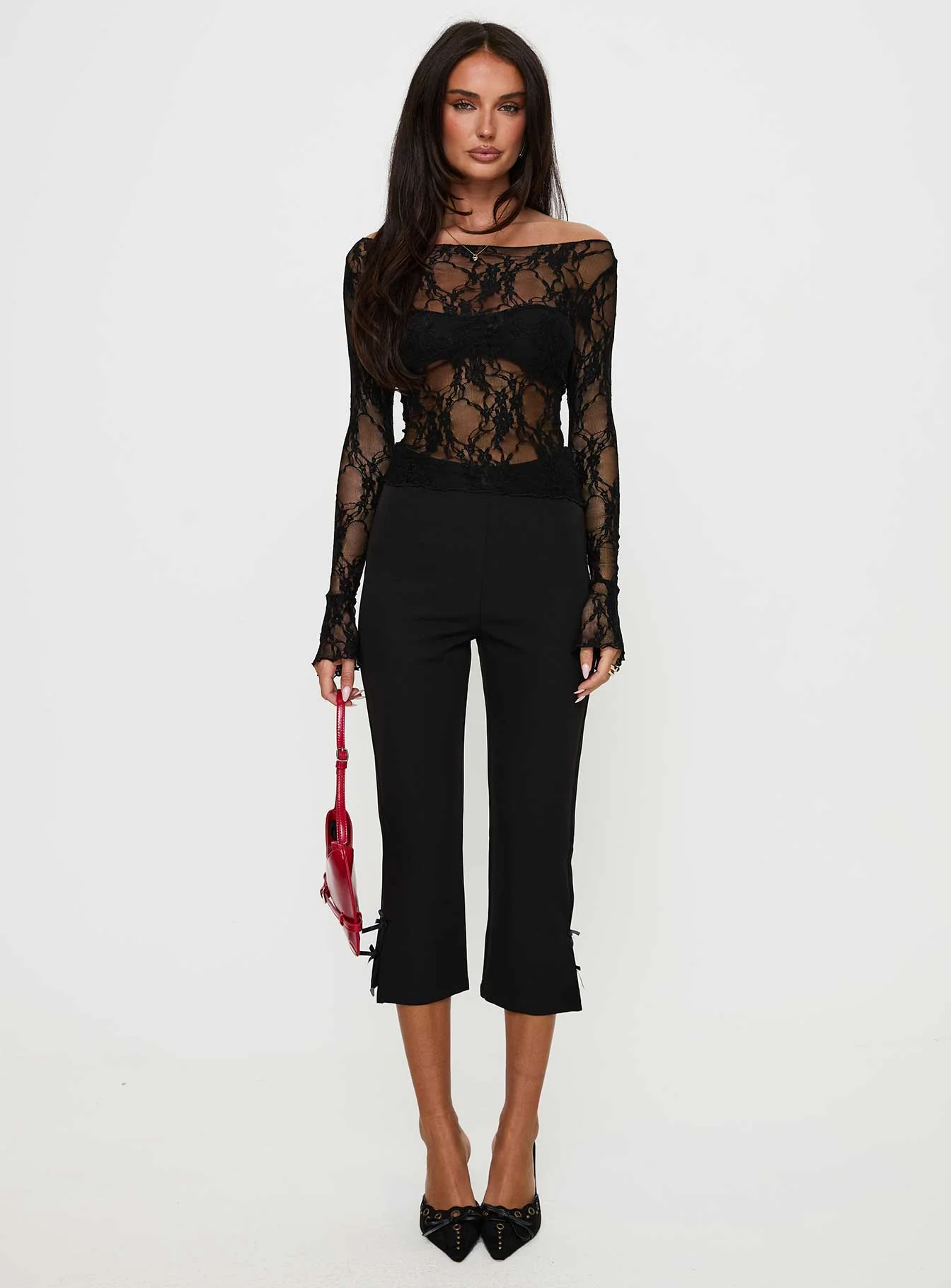 Junah Sheer Lace Long Sleeve Top Black