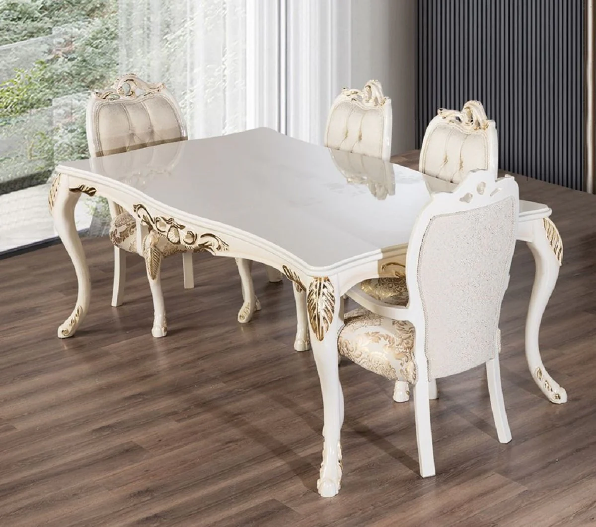 Luxury Baroque Dining Room Set White / Gold - 1 Baroque Dining Table & 6 Baroque Dining Chairs - Luxury Dining Room Furniture in Baroque Style - Magnificent Baroque Dining Room Furniture
