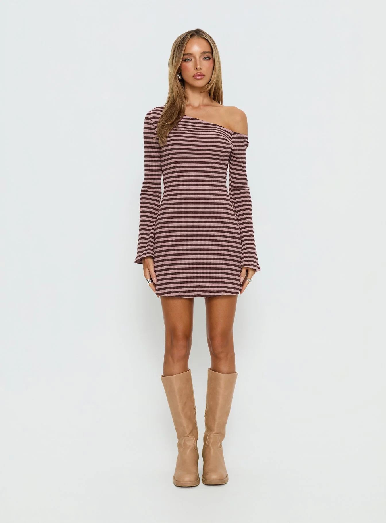 Adrietta Long Sleeve Off Shoulder Mini Dress Chocolate / Pink Stripe