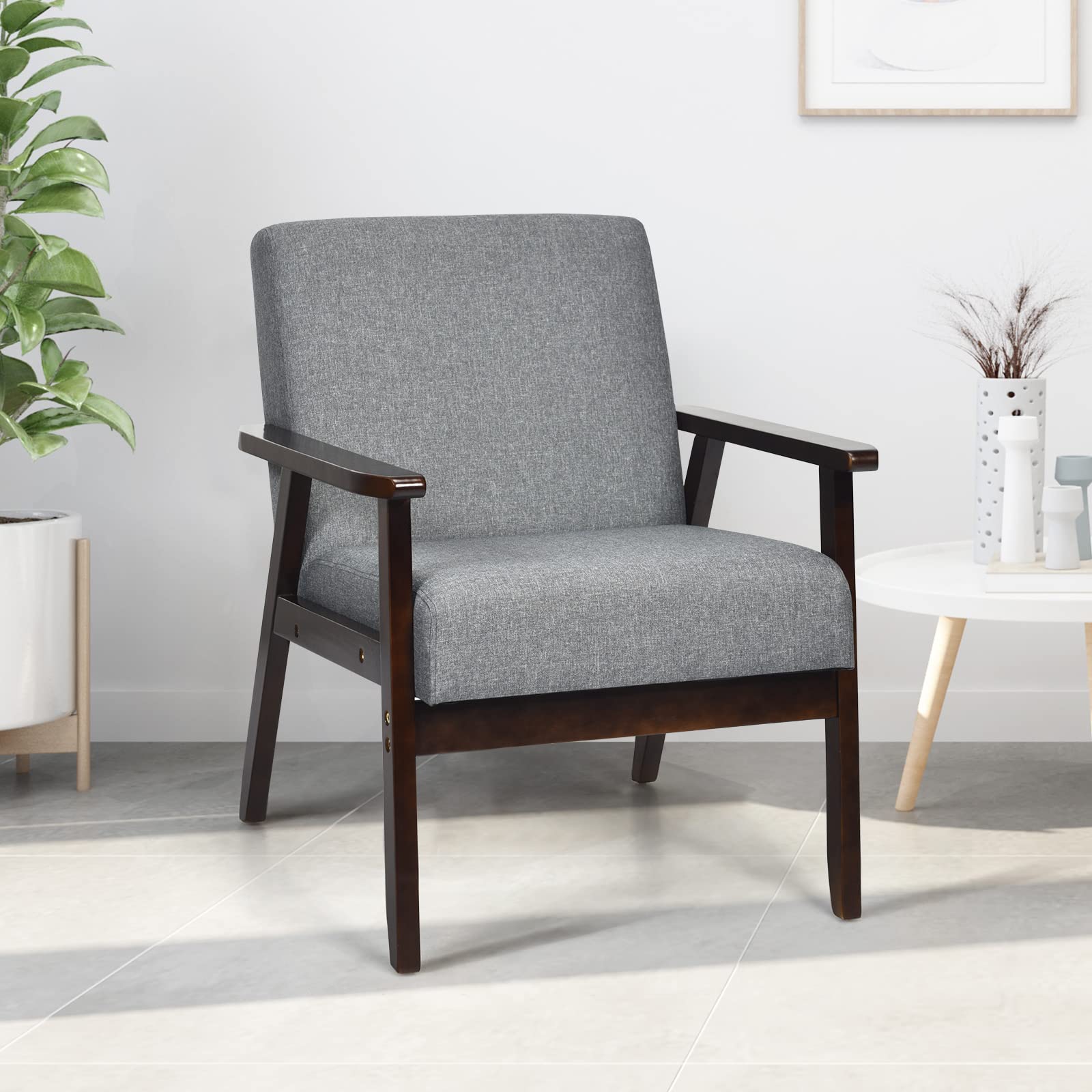 BEFOUNDLOVELY Armrest Accent Chair, Upholstered Linen Fabric Lounge Chair with Rubber Wood Legs, Comfortable Backrest