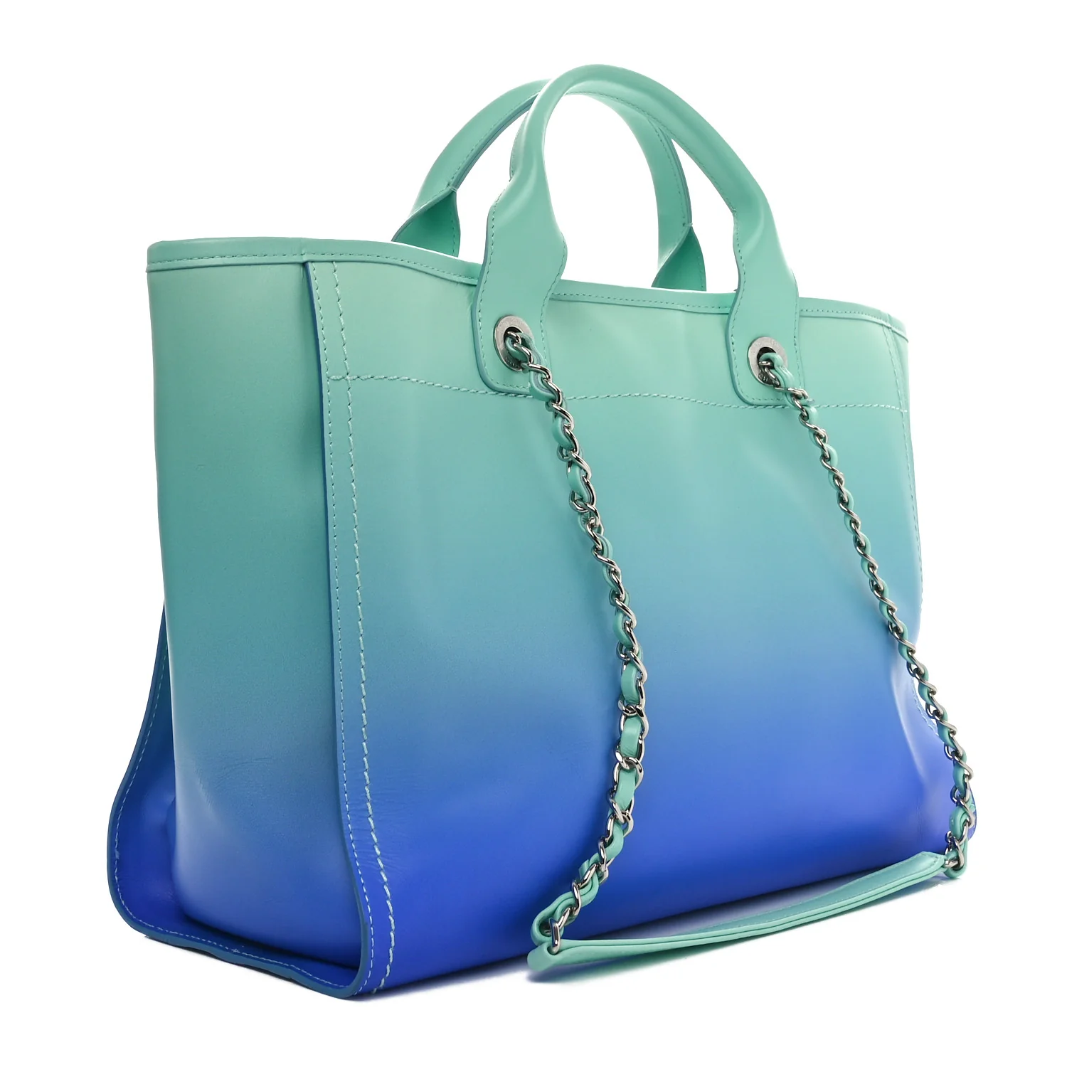 Shaded Calfskin Small Deauville Tote Light Green Turquoise Purple - Top Club