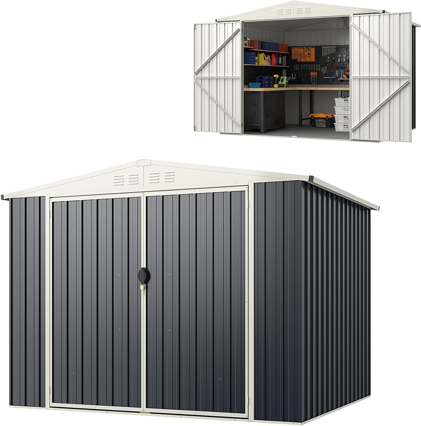 RELAX4LIFE Casetta da Giardino in Metallo 8M³ 5M², 246x193x180CM con Porta Bloccabile, Tetto Inclinato, Finestra di Ventilazione per Attrezzi Biciclette Rifiuti