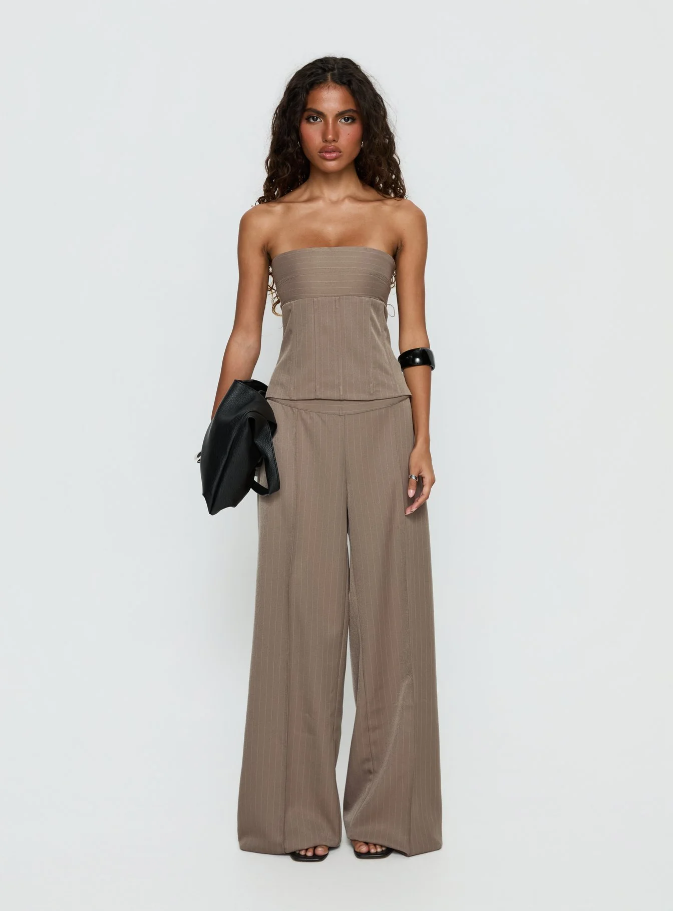 Madelle Strapless Tie Up Top Brown Pinstripe