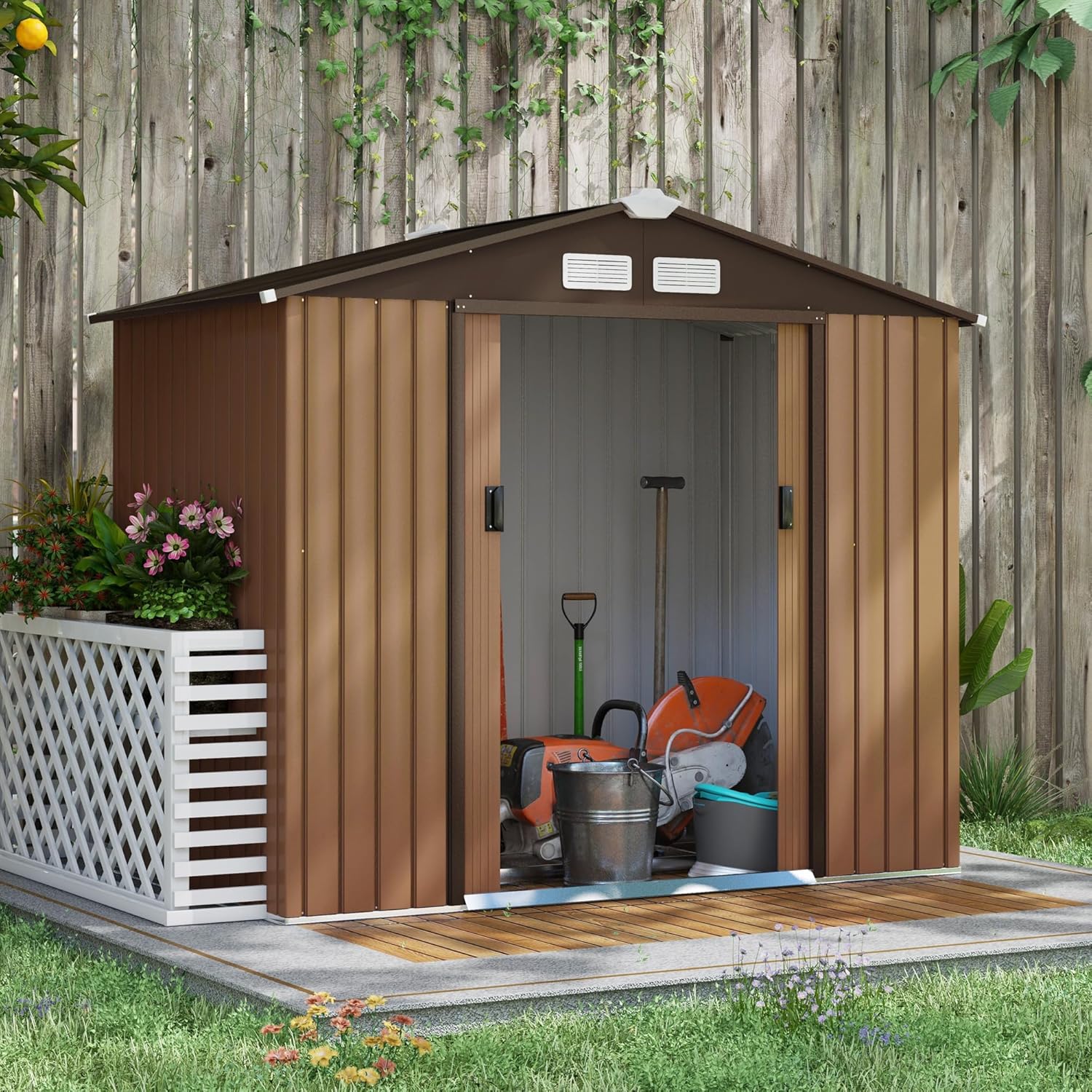 Outsunny Casetta da Giardino Porta Utensili in Lamiera di Acciaio, 2.42m² Capanno da Giardino in Acciaio con Porte Scorrevoli, 213x130x185 cm, Giallo