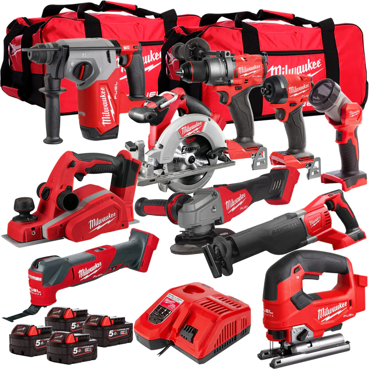 Milwaukee 18V battery 10 piece tool kit with 4 x 5.0Ah batteries & charger in bag T4TM-8