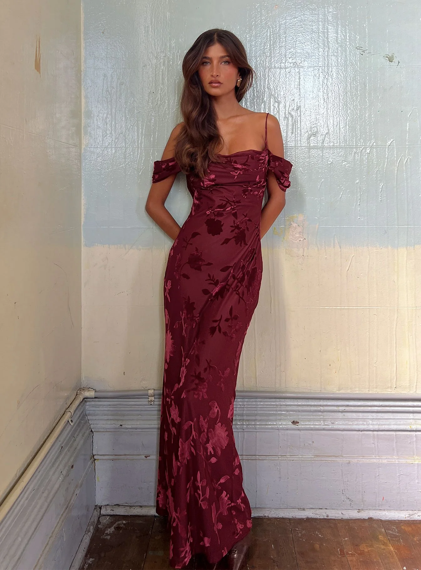 Green Gables Burnout Maxi Dress Burgundy