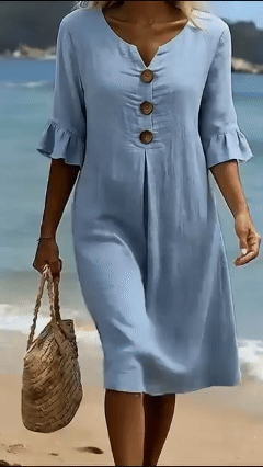 Women's Cotton-Linen Dress with V-Neck, Large Buttons, and Ruffled Sleeves - Nordfashionstorm - Women's Clothing, Fashion for You - Nordfashionstorm.com