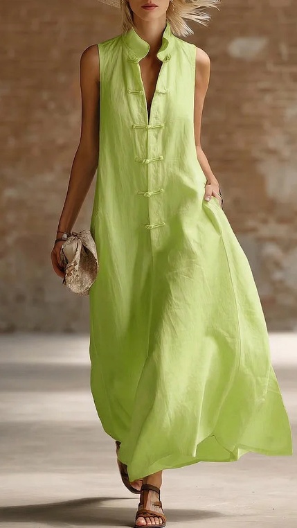 Women's Loose-Fit Stand-Collar Linen-Cotton Dress - Nordfashionstorm - Women's Clothing, Fashion for You - Nordfashionstorm.com