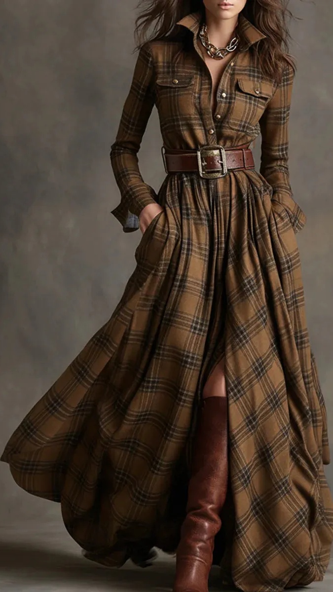 Women's Vintage Plaid Long Dress with Lapel Collar+Belt - Nordfashionstorm - Women's Clothing, Fashion for You - Nordfashionstorm.com