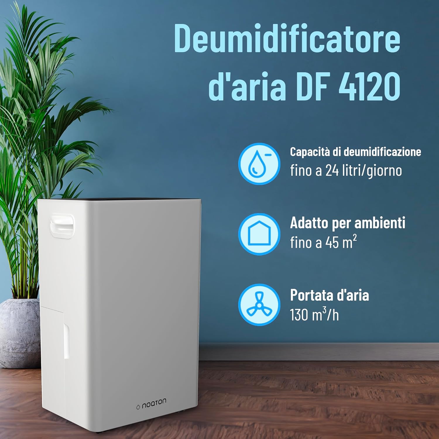 Noaton Deumidificatore Casa Muffa, 24L/24h, Scarico Continuo, Deumidificatore Portatile, Adatto fino a 45m2, Spegnimento Automatico, Timer 24 Ore, Ruote Piroettanti, Deumidificazione Automatica