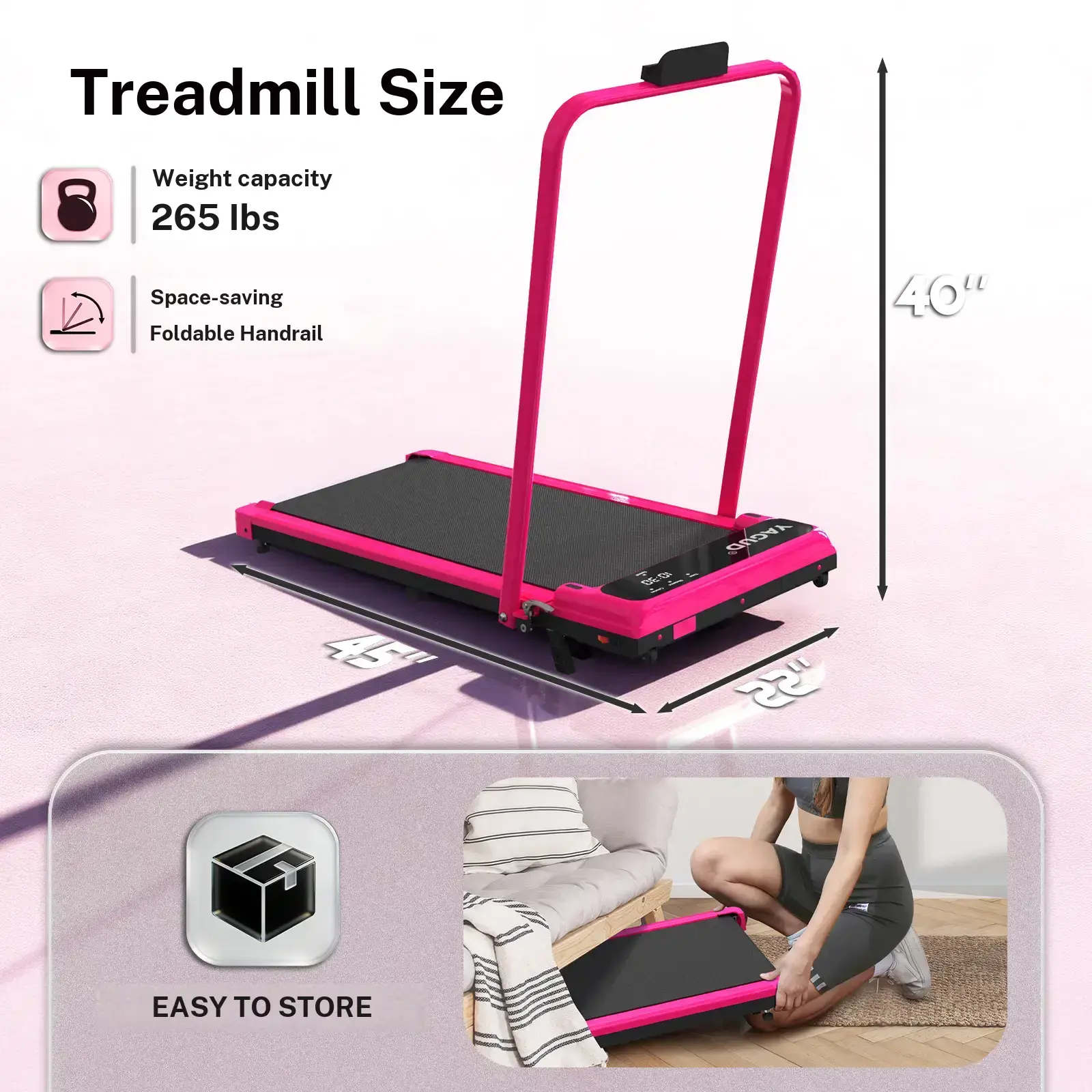 【New Arrival】SUMMERSALE YAGUD Electric Folding Treadmill with Handrail, Low Noise Motor – 265lbs Weight Capacity Spacious Belt Walking Pad, Dual Shock Absorption, Remote Control & Wheels for Easy Moving – Includes Free Resistance Bands and Remote