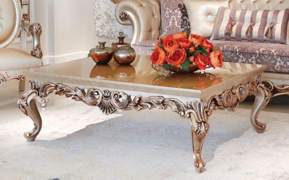 Luxury baroque living room set purple / cream / beige / copper - 2 sofas & 2 armchairs & 1 coffee table with glass top - living room furniture in baroque style - noble and magnificent
