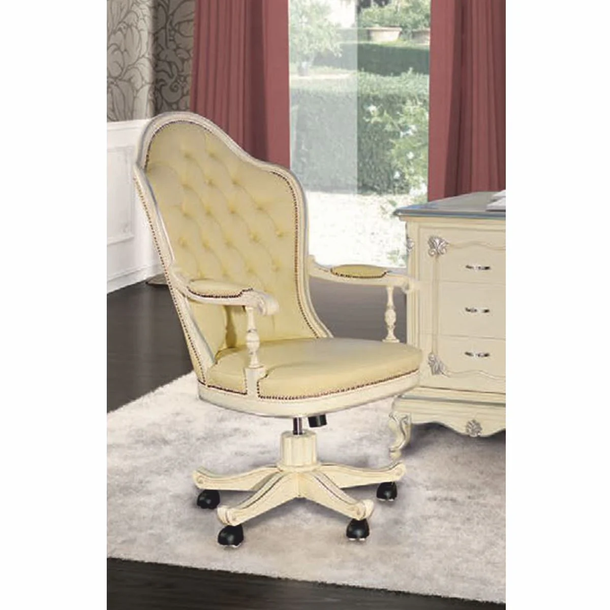 Luxury Baroque Chesterfield Leather Desk Chair Cream / Silver - Made in Italy