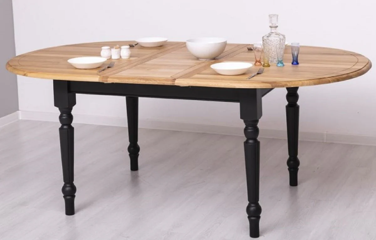 Country house style dining table natural colors / black 160-200 x 120 x H. 78 cm - Oval extendable solid wood kitchen table with oak table top - Dining room furniture in country house style