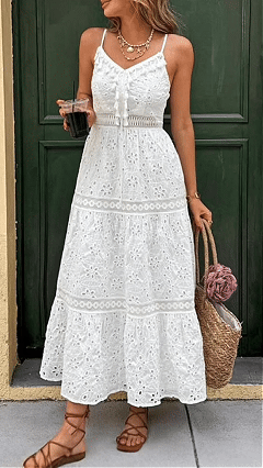 Women's Cotton‑blend V‑neck Hollow Lace Drawstring‑waist Slip Midi Dress - Nordfashionstorm - Women's Clothing, Fashion for You - Nordfashionstorm.com