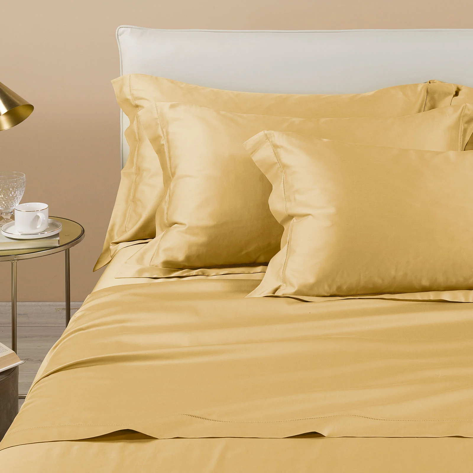 Completo Lenzuola In Raso Di Cotone Raso Matrimoniale Gold Dreaming