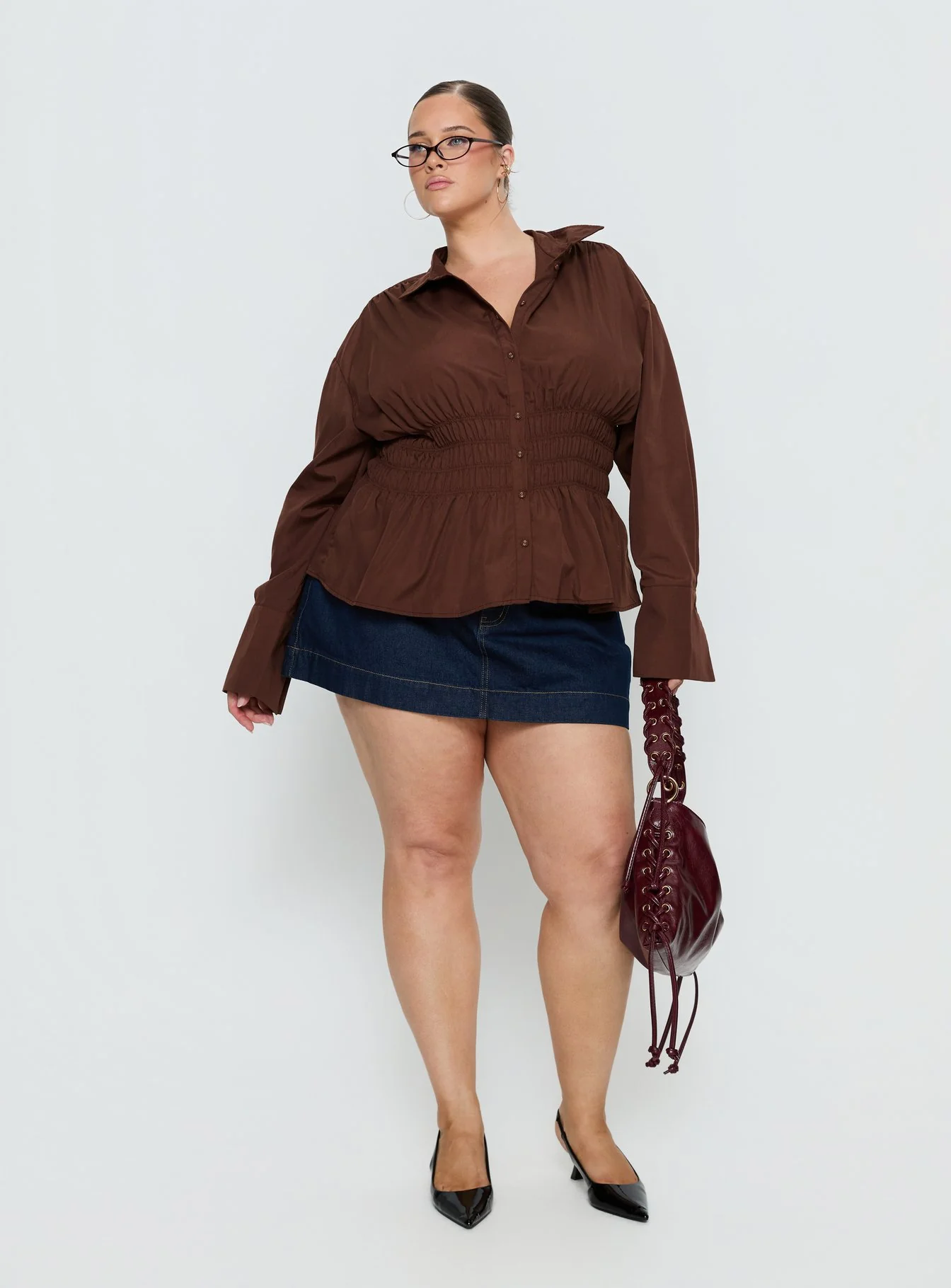As You Are Shirred Button Up Top Chocolate Curve