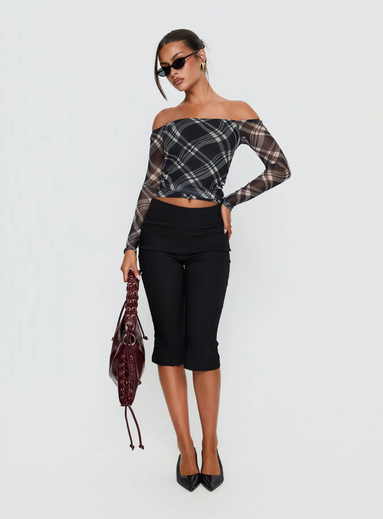 Siarah Off Shoulder Long Sleeve Top Multi Check