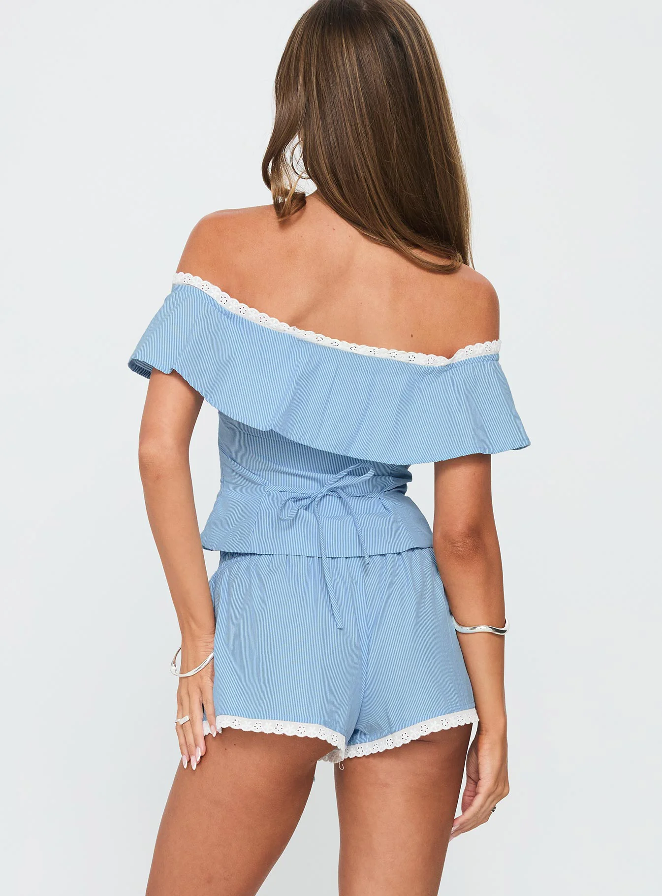 Summertime Sadness Off Shoulder Set Blue Stripe