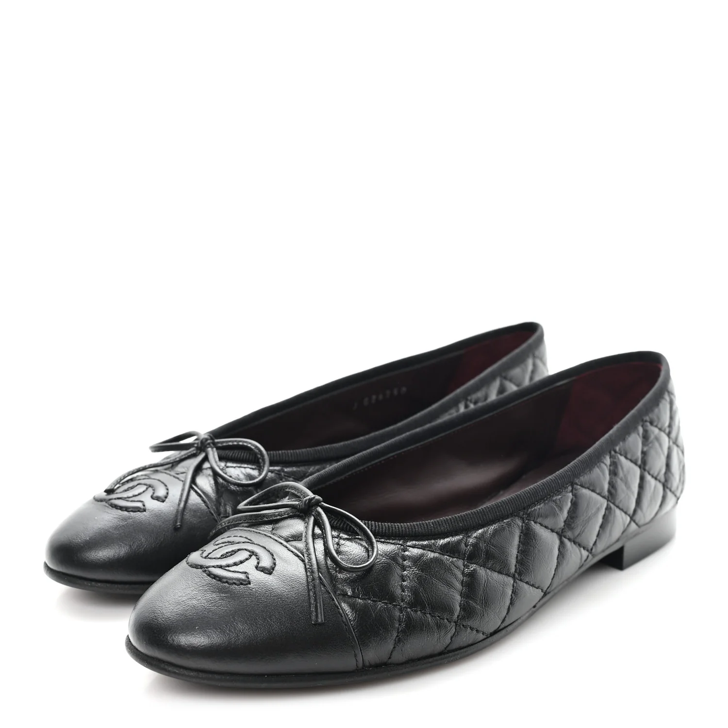 Aged Calfskin Quilted CC Cap Toe Ballerina Flats 37.5 Black - Top Club