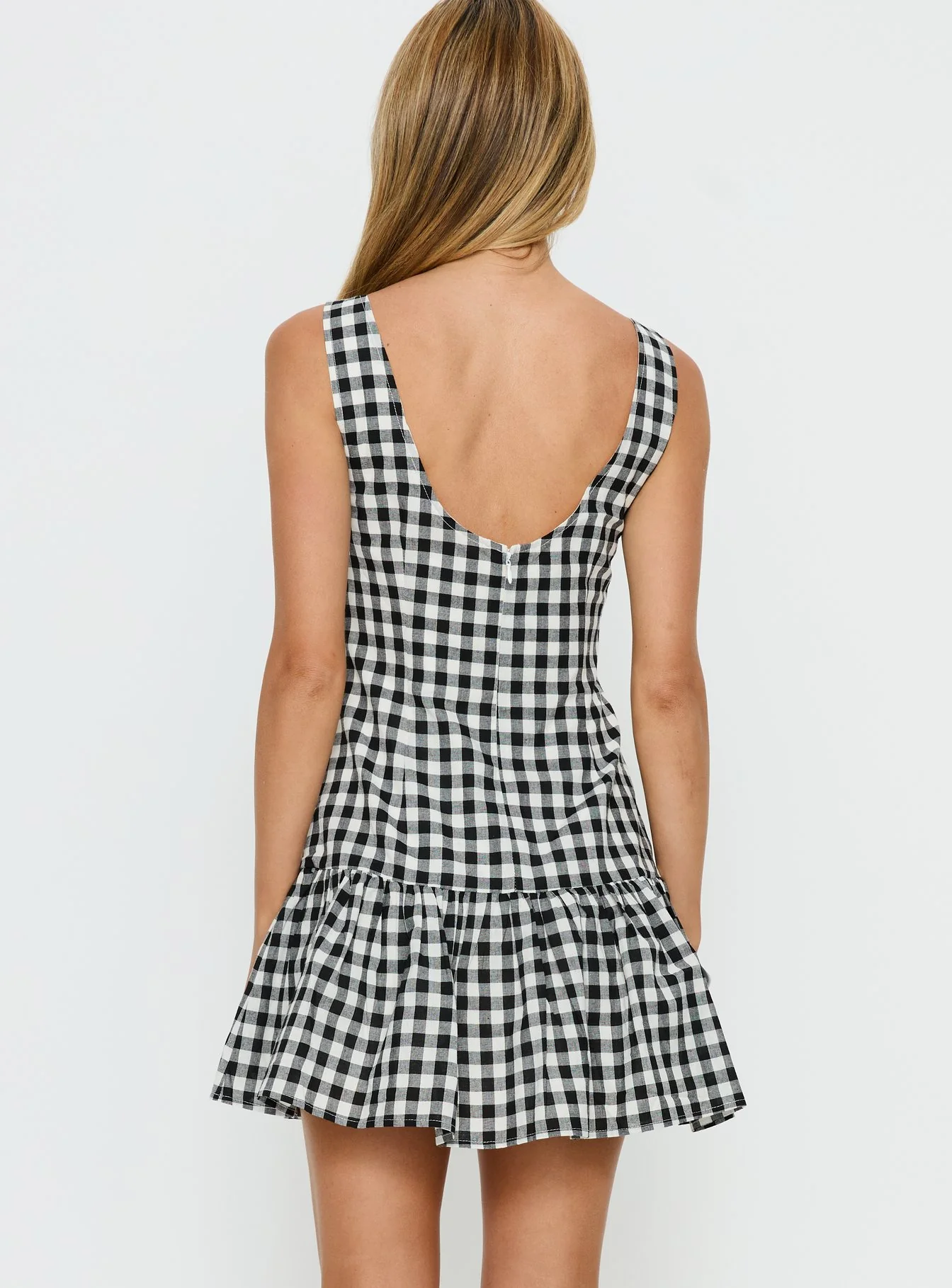 Kolbie Boat Neck Frill Mini Dress Black / White Check