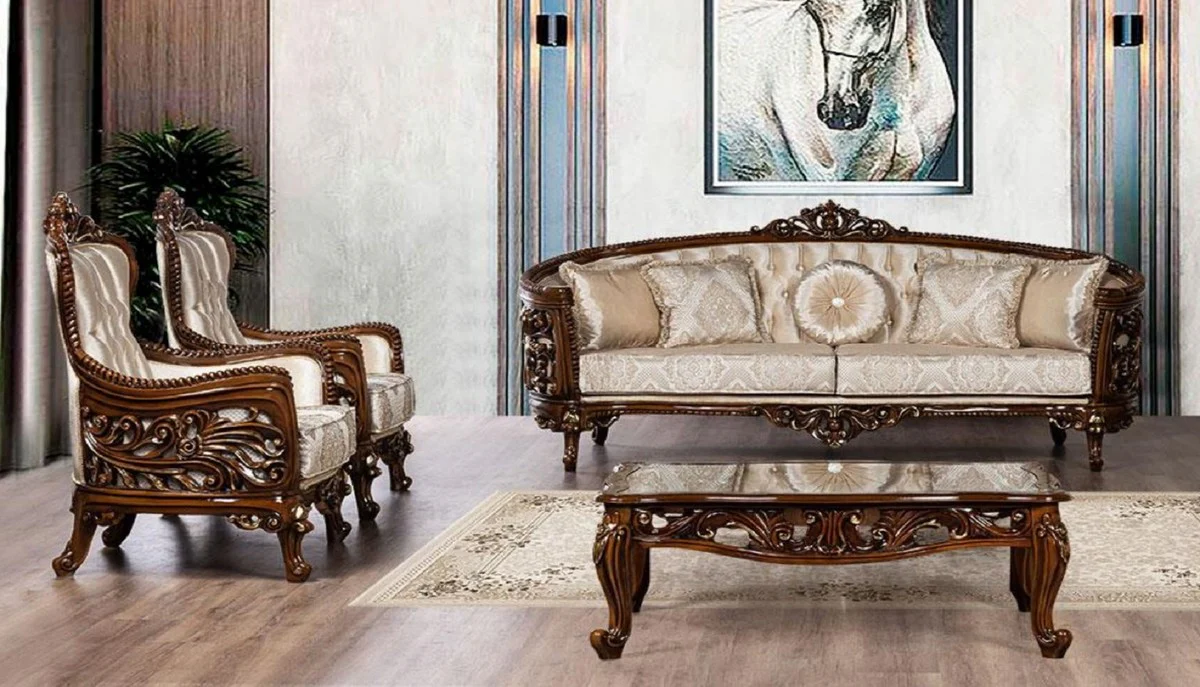 Luxury Baroque Living Room Set Beige / Brown / Gold - 2 Baroque Sofas with Pattern & 2 Baroque Armchairs with Pattern & 1 Baroque Coffee Table - Baroque Living Room Furniture - Noble & Magnificent