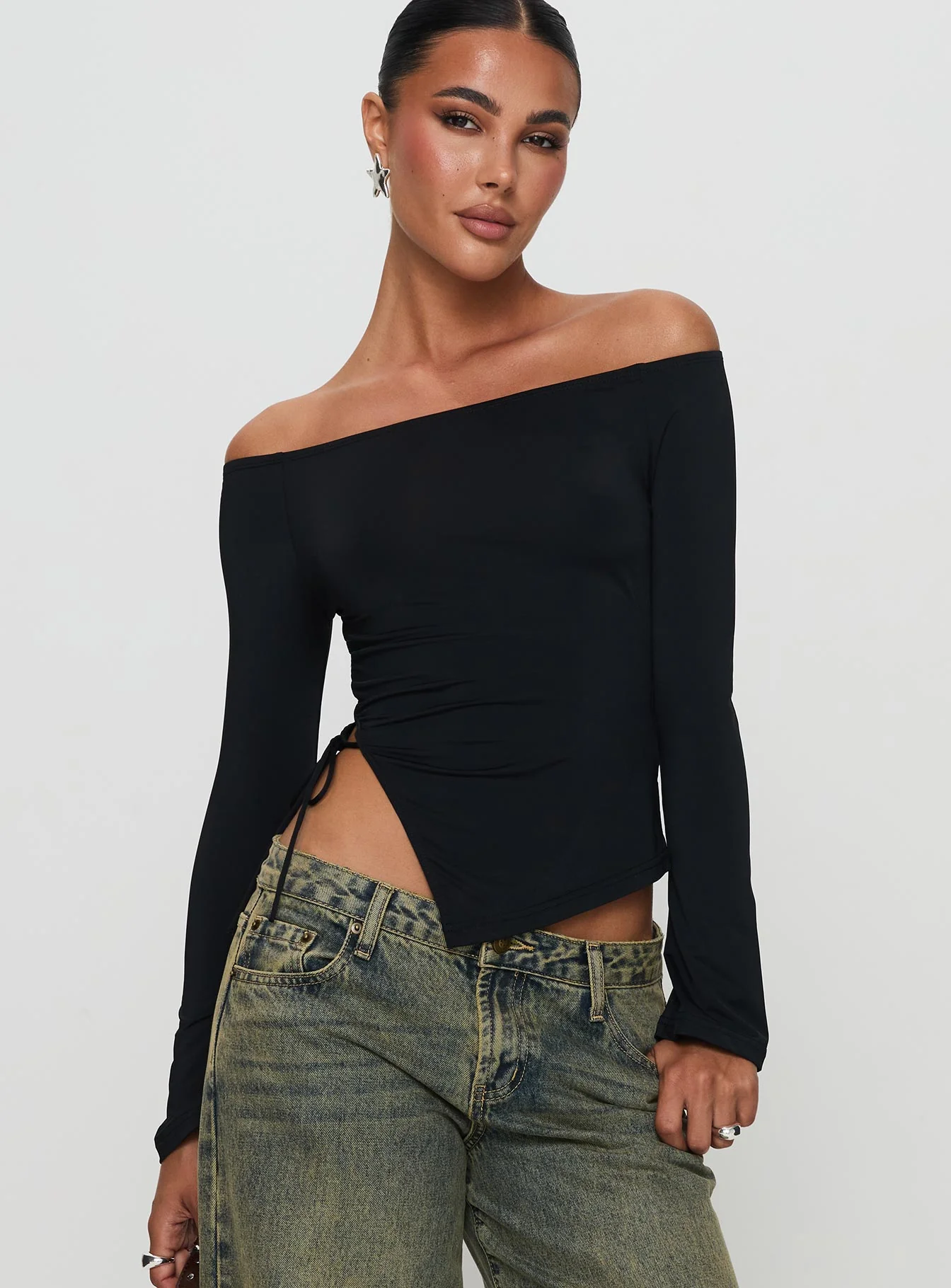 Endellion Off Shoulder Long Sleeve Top Black