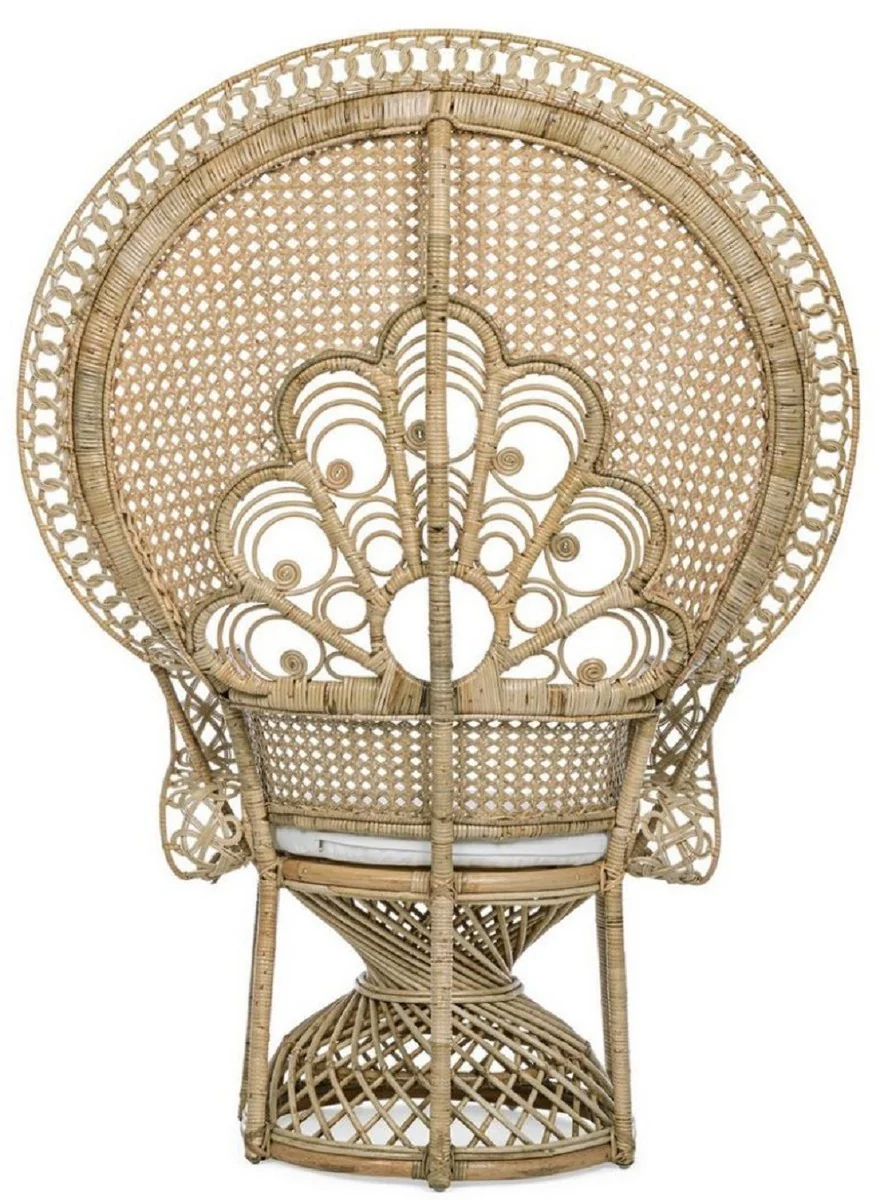 Luxury garden armchair natural color / white 106 x 71 x H. 148 cm - Vintage style rattan armchair with seat cushion - Vintage style rattan furniture - Garden & patio furniture